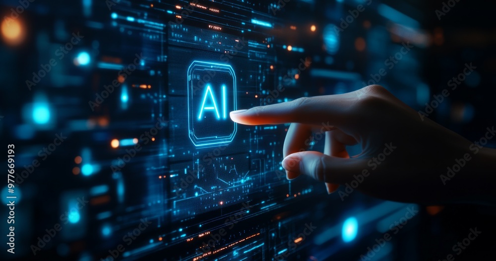Human hand and robot finger touch with a digital hologram of an AI icon on a dark blue background.