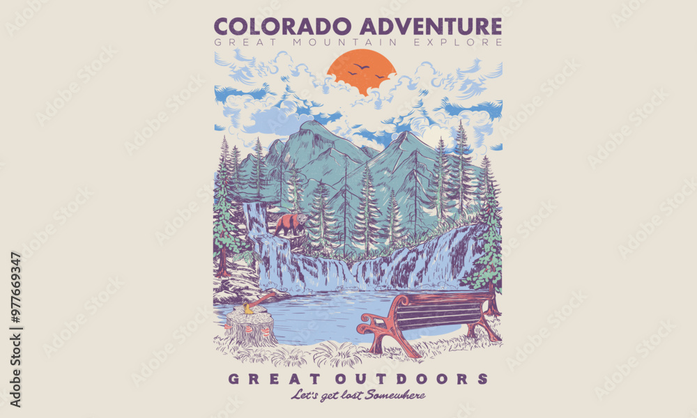 Fototapeta premium Colorado mountain adventure time vector print design. Find the way. Adventure is calling. Outdoor adventure graphic print design. Mountain t-shirt artwork. Wild forest digital painting.
