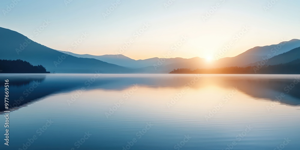 Fototapeta premium Sunrise over a calm lake with mountain reflections.