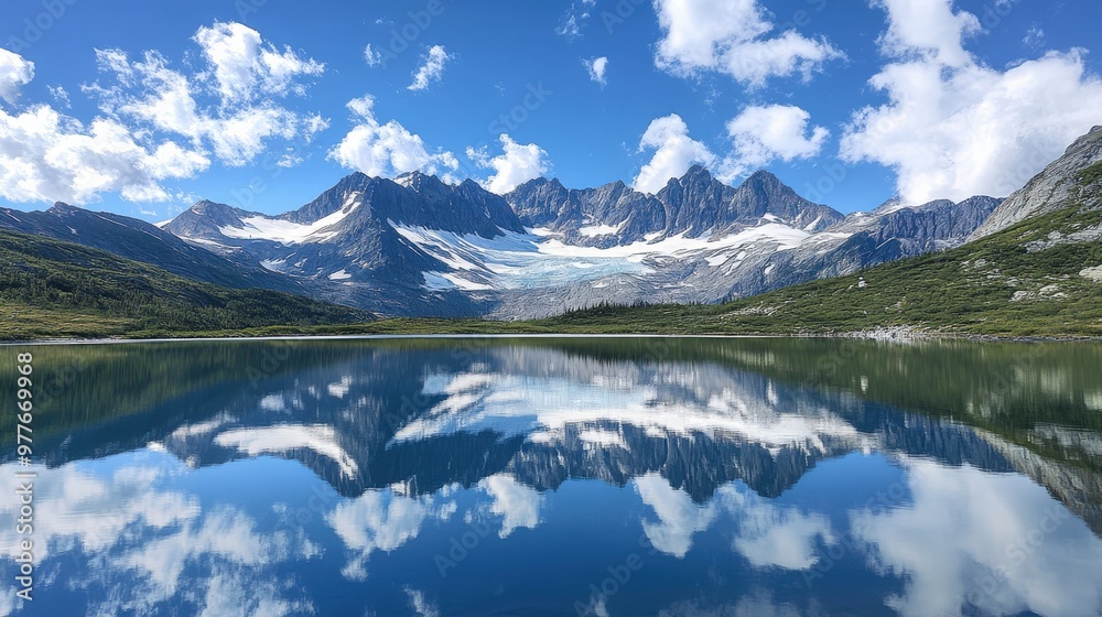 Panoramic View of Snow-Capped Alaskan Mountains and Reflecting Blue Lake