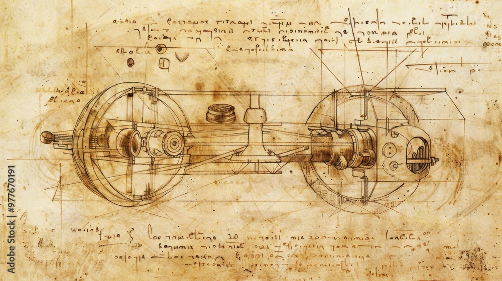 Obraz premium Abstract technical vehicle sketch, outlined on old paper.