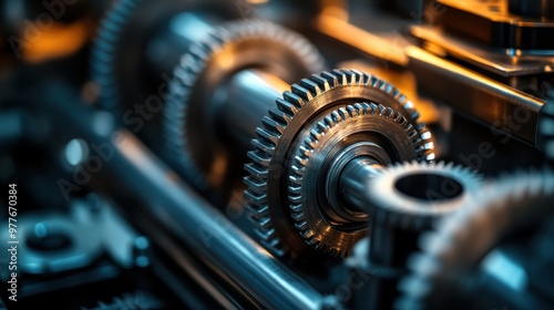 Close-up of intricate gears in a machine, showcasing detailed craftsmanship and mechanical precision in an industrial setting.