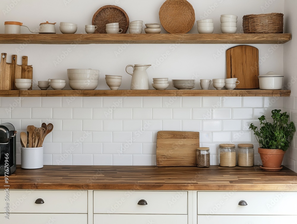 Rustic kitchen with open wooden shelves and simple decor
