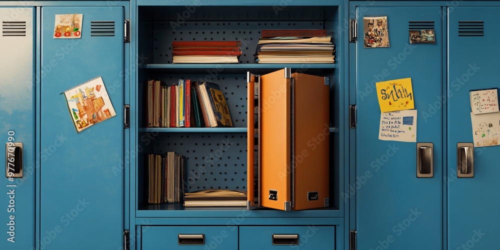 A row of blue lockers with open shelves revealing books, folders, and binders. The center locker has a bright orange binder partially open. There are some pictures and notes on the lockers. A row of blue lockers with open shelves revealing books, folders, and binders. The center locker has a bright orange binder partially open. There are some pictures and notes on the lockers.
