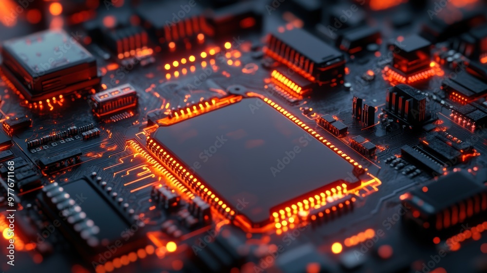 Close-up view of a glowing microchip on an intricate circuit board with illuminated connections, showcasing advanced technology. Close-up view of a glowing microchip on an intricate circuit board with illuminated connections, showcasing advanced technology.