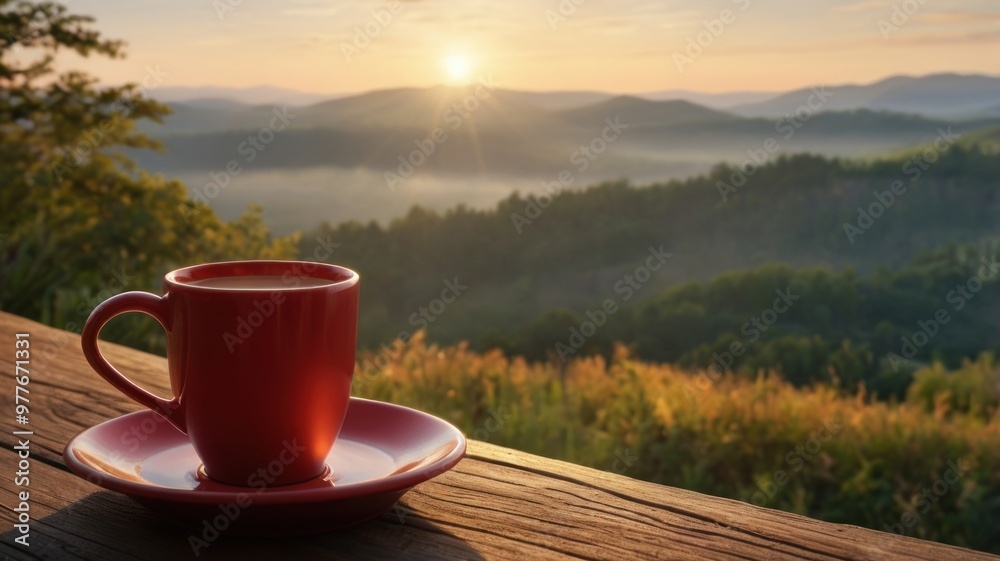 Coffee on wooden table with hills in background Coffee on wooden table with hills in background