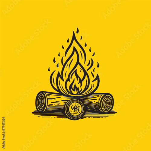 Camp fire or bonfire burning on firewood design