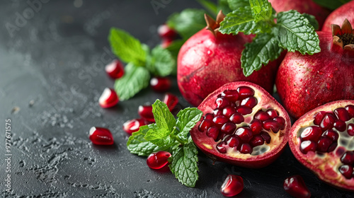 Fresh Pomegranates and Mint Leaves Arranged Artistically on a Dark Surface