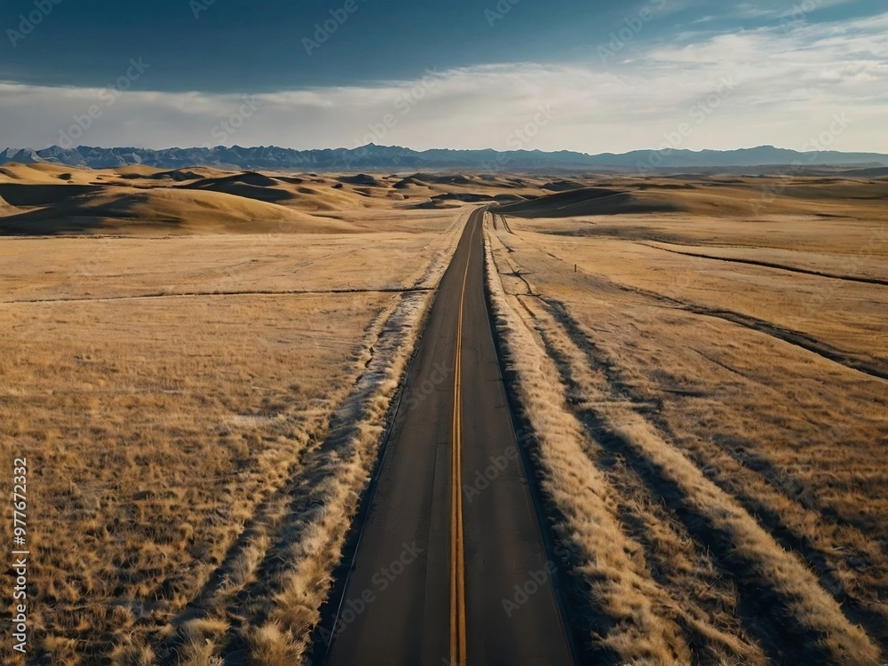 Naklejka premium Breathtaking Aerial View of Winding Road Through Golden Fields and Rolling Hills, Emphasizing Freedom and Exploration with Expansive Blue Sky and Soft Clouds