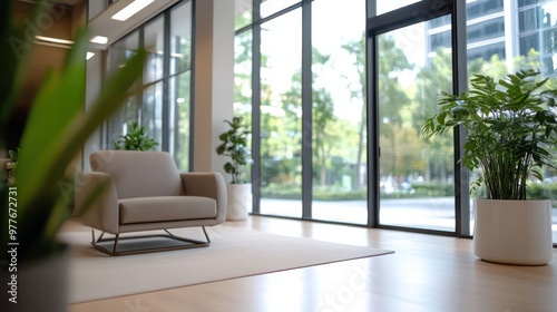 A large window in a room with a chair and potted plants. The room has a modern and minimalist design, with a focus on natural light and greenery