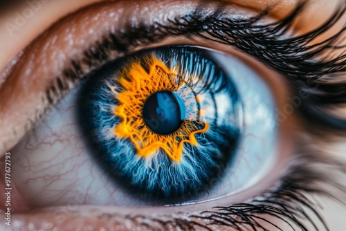 Fiery blue eye with orange flames and intense lighting effects symbolizing the dynamic interplay between heat vision and human emotion in a futuristic fiery context