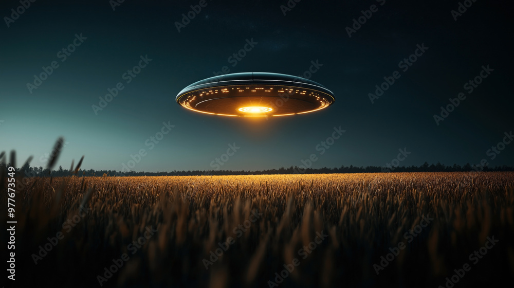 A glowing UFO hovering above a field of crops at night, casting an eerie light over the landscape with a distant treeline under a starry sky. A glowing UFO hovering above a field of crops at night, casting an eerie light over the landscape with a distant treeline under a starry sky.