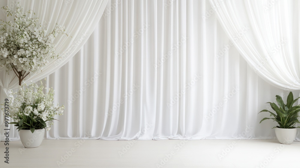 A white room with white curtains and a tree in the corner A white room with white curtains and a tree in the corner