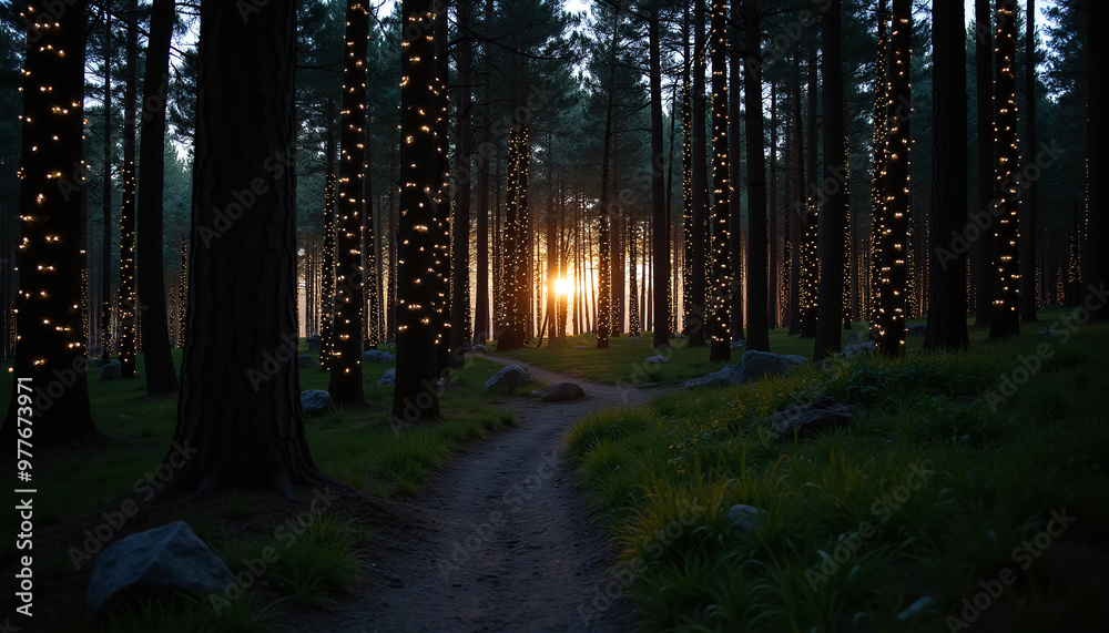 Fototapeta premium a forest with lights on the trees and a path leading to a path