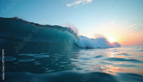 Fototapeta Naklejka Na Ścianę i Meble -  a wave in the ocean at sunset time, with a sun shining through the waves