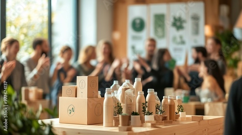 successful eco-friendly product launch event, innovative packaging displayed, audience applauding, sustainability banners in the background