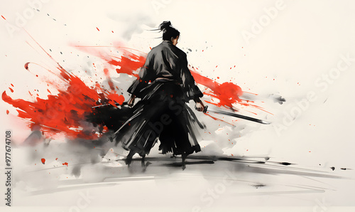 The ninja goes into battle with his sword drawn. Red abstract ink splashes suggest the drama of the combat situation.