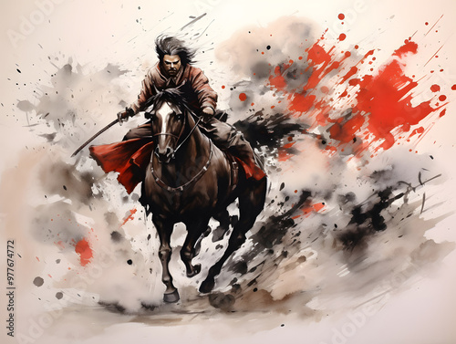 A samurai or ninja warrior rides swiftly on horseback with drawn sword into battle. The ink painting with splatter indicates the speed of the ride.