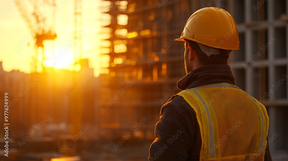 a man in a hard hat and vest looking at the sun setting in the background of a construction site a man in a hard hat and vest looking at the sun setting in the background of a construction site