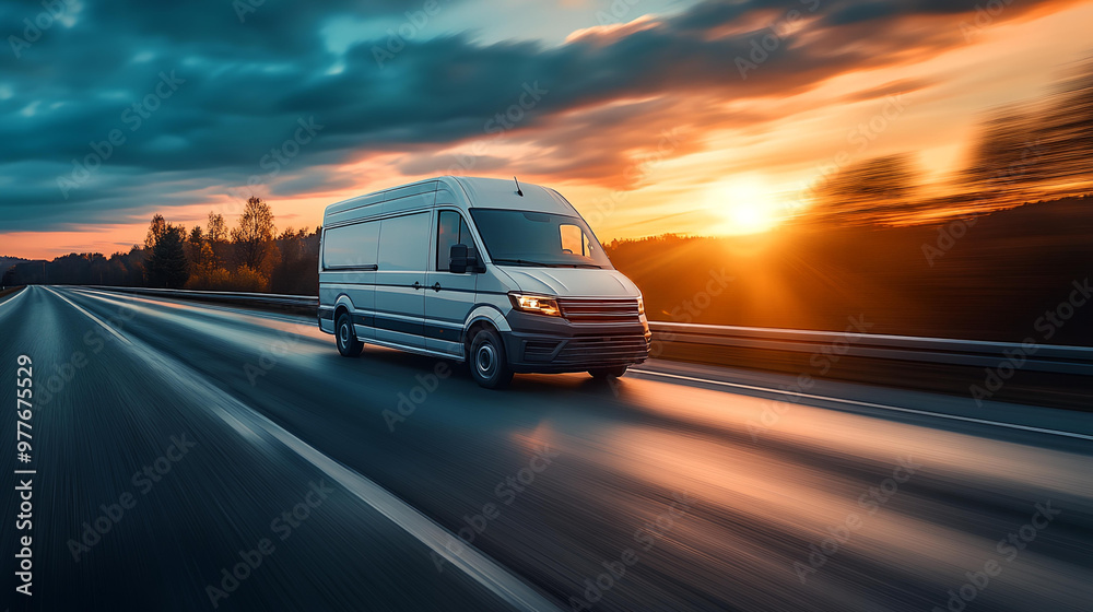 Fototapeta premium a white van driving down a highway at sunset