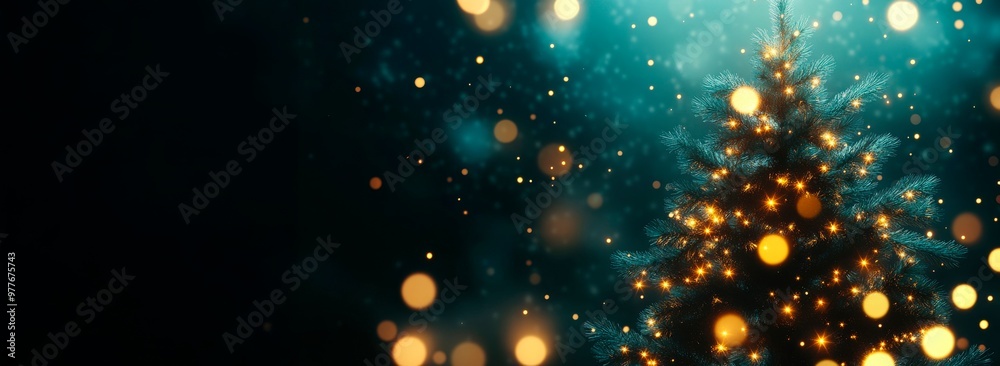 Obraz premium Dark background with a golden Christmas tree, a bokeh effect, and glowing lights. festive banner template for New Year's and christmas, copy space for text, atmosphere of magic and joy for the holiday