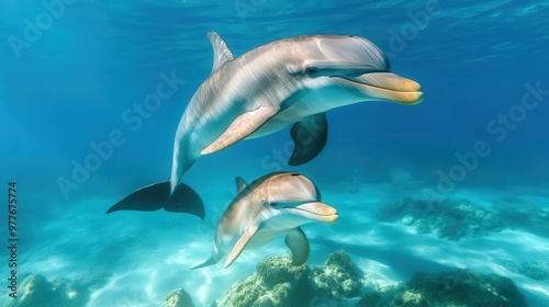 Dolphin mother and calf swimming together, playful and protective, clear blue ocean background