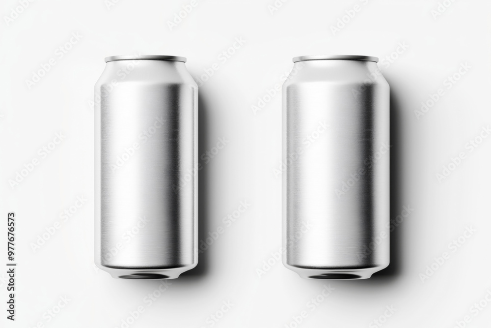 A pair of blank aluminum beverage cans mockup on a white background. The cans are presented in a vertical alignment, perfect for showcasing custom drink label designs. A pair of blank aluminum beverage cans mockup on a white background. The cans are presented in a vertical alignment, perfect for showcasing custom drink label designs.
