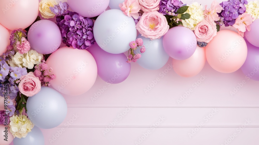 A bunch of balloons with flowers on them. The balloons are pink and purple. The balloons are arranged in a way that they look like they are hanging from the ceiling A bunch of balloons with flowers on them. The balloons are pink and purple. The balloons are arranged in a way that they look like they are hanging from the ceiling