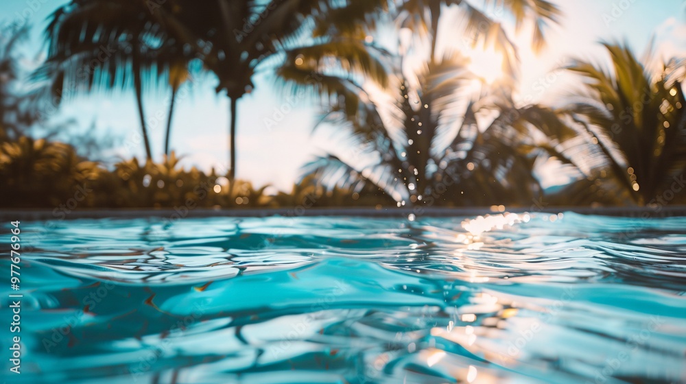 a pool with a blue water surface and palm trees in the background with a sunbeam in the distance a pool with a blue water surface and palm trees in the background with a sunbeam in the distance