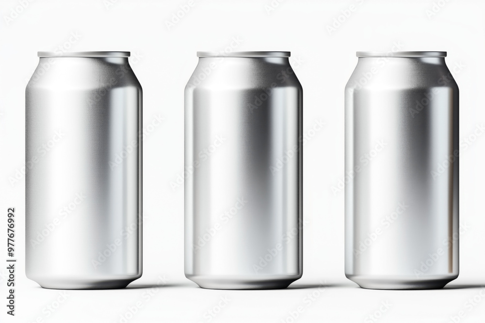 Three blank silver aluminum cans positioned in a row against a plain white background. This mockup is ideal for showcasing beverage branding design in a realistic way. Three blank silver aluminum cans positioned in a row against a plain white background. This mockup is ideal for showcasing beverage branding design in a realistic way.