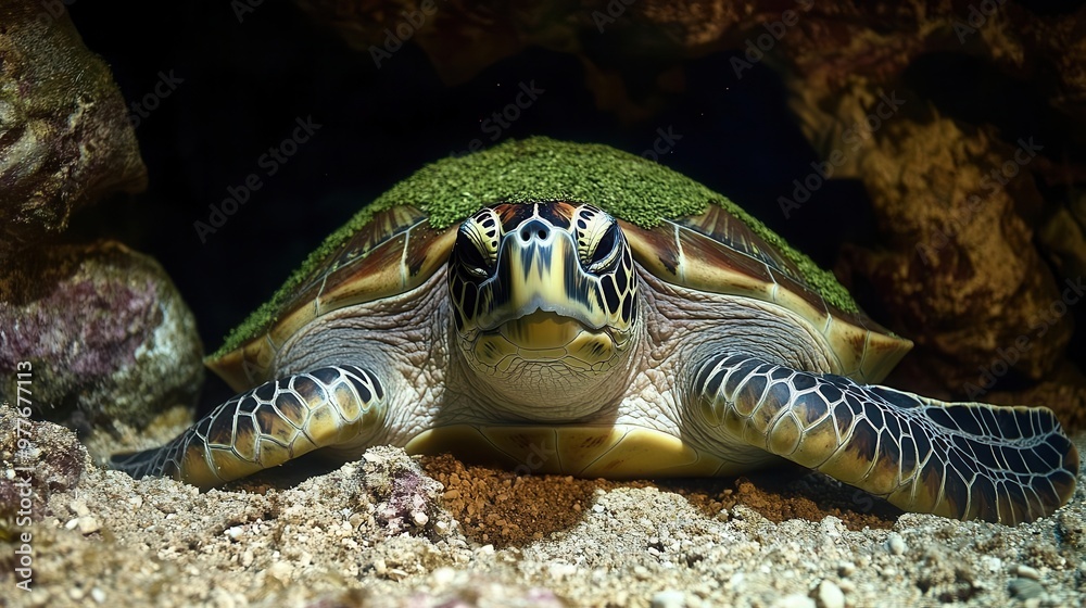 Fototapeta premium Green sea turtle resting on the ocean floor, its shell covered in algae, peaceful and serene