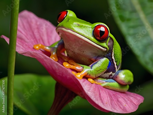 Red Eyed Tree Frog on Pink Flower in Green Foliage photo