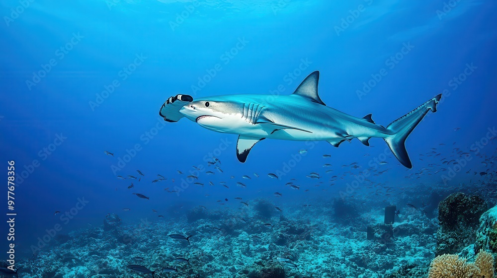 Hammerhead shark patrolling the open ocean, sleek and powerful, schools of fish scattering in its wake Hammerhead shark patrolling the open ocean, sleek and powerful, schools of fish scattering in its wake