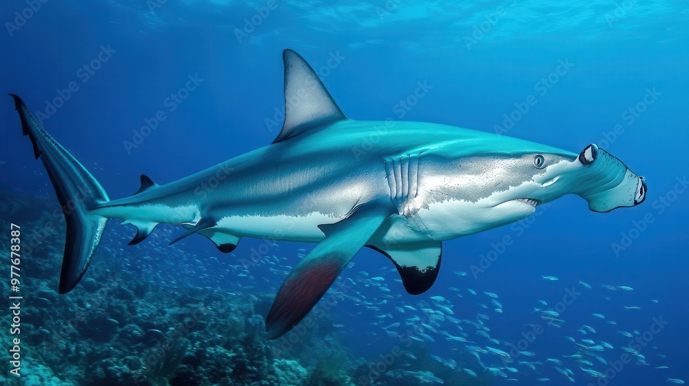 Hammerhead shark patrolling the open ocean, sleek and powerful, schools of fish scattering in its wake Hammerhead shark patrolling the open ocean, sleek and powerful, schools of fish scattering in its wake
