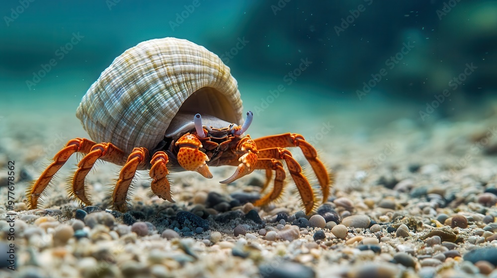 Hermit crab crawling along the ocean floor, carrying its shell home on its back, surrounded by small pebbles Hermit crab crawling along the ocean floor, carrying its shell home on its back, surrounded by small pebbles