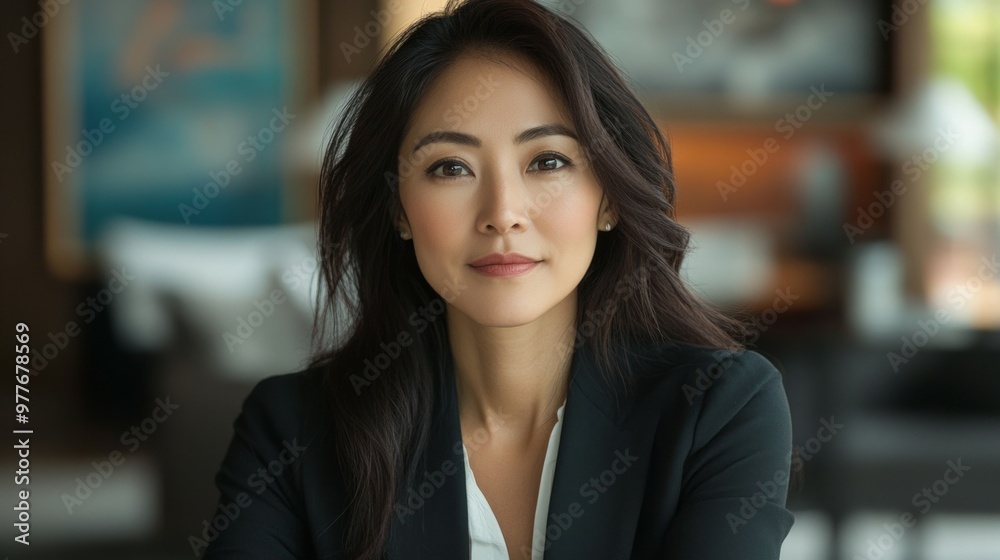 an Asian woman in her early 40s, Sitting in a luxurious office, a front-view angle an Asian woman in her early 40s, Sitting in a luxurious office, a front-view angle