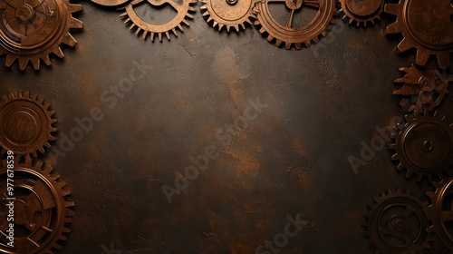 A close up of a row of gears with a brown background. The gears are all different sizes and are arranged in a circular pattern. Concept of mechanical precision and order