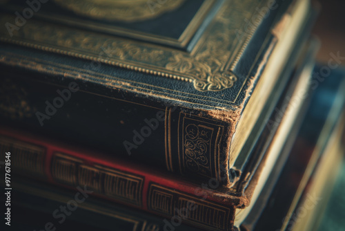 CloseUp of Antique Hardcover Books with Ornate Covers and Worn Edges