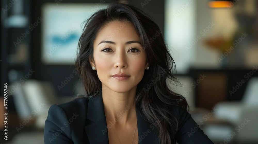 an Asian woman in her early 40s, Sitting in a luxurious office, a front-view angle an Asian woman in her early 40s, Sitting in a luxurious office, a front-view angle