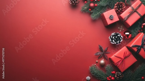 Christmas composition flat top view. Background gift boxes and Christmas decorative ornaments. Merry christmas and a happy new year. Holiday banner and poster. Clean space for text