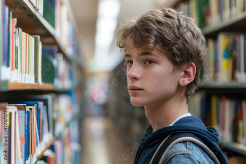 Teenage Student in Library Aisle Searching for Books with Focused Expression
