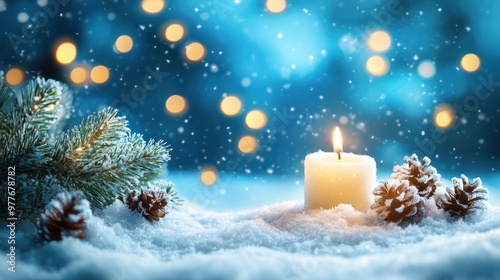 christmas decoration idyll in deep snow on blurred blue background, beautiful natural christmas background with shiny candlelight and advertising space