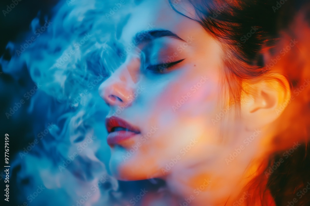Abstract Portrait with Neon Lights, Dreamy and Ethereal, Colorful, Woman Abstract Portrait with Neon Lights, Dreamy and Ethereal, Colorful, Woman