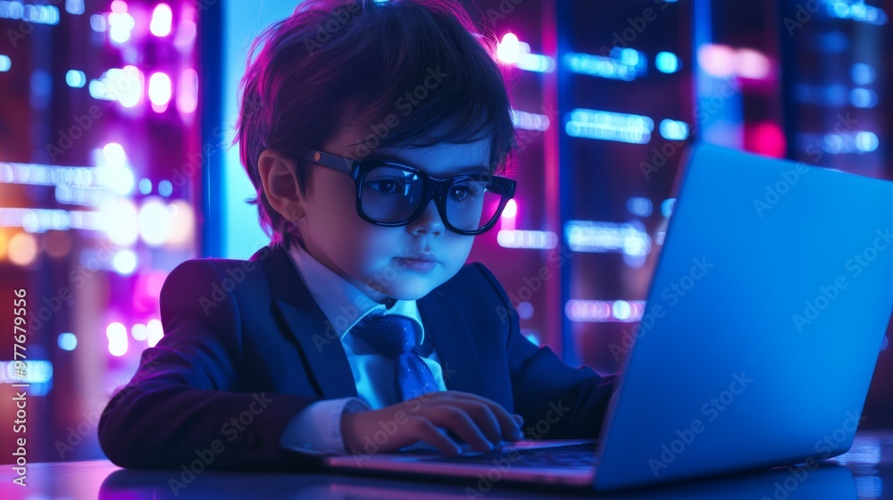 Child posing as a penetration tester, finding weaknesses in a corporate system, typing on a laptop. Child posing as a penetration tester, finding weaknesses in a corporate system, typing on a laptop.