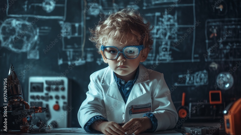 Child posing as a rocket scientist, developing propulsion systems with high-tech equipment and diagrams. Child posing as a rocket scientist, developing propulsion systems with high-tech equipment and diagrams.