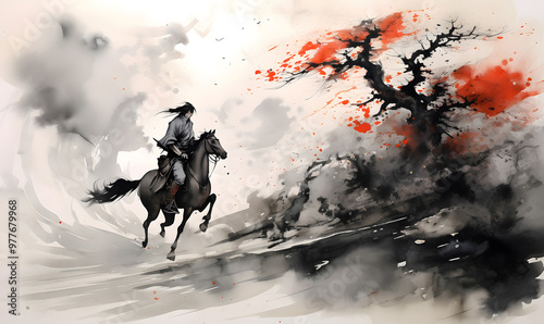 Japan traditional sumi-e painting. The theme includes a fast-moving rider on a horse in the Japanese countryside.