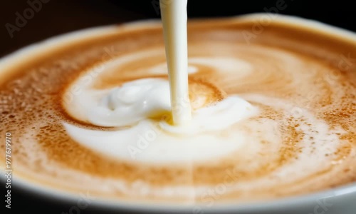 close-up of frothed milk being poured into a cup of coffee to make cappuccino with foam