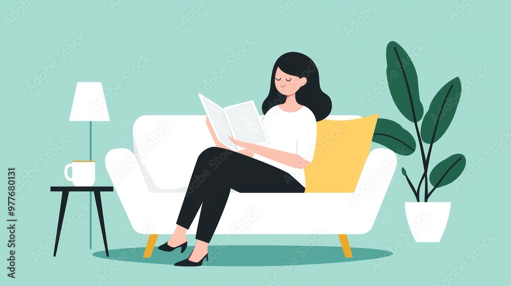 A relaxed woman reading a magazine on the couch, with a mug of coffee on the table, enjoying a calm, happy moment in her living space A relaxed woman reading a magazine on the couch, with a mug of coffee on the table, enjoying a calm, happy moment in her living space