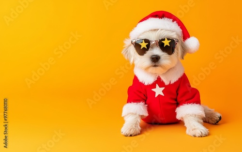 A playful puppy dressed in a Santa suit with star-shaped sunglasses, sitting on a pastel orange-to-yellow gradient for a cheerful holiday feel