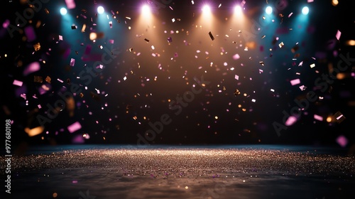 A large room with a lot of confetti and lights. Scene is celebratory and festive